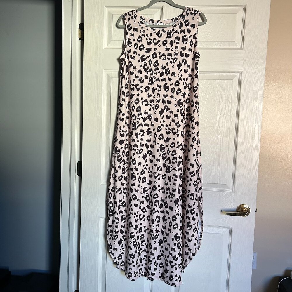Hount leopard casual women long maxi dress rounded bottom slits tank pockets